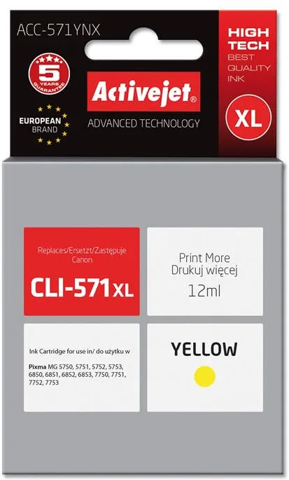 Cartus Imprimanta ACTIVEJET COMPATIBIL ACC-571YNX for Canon printer; Canon CLI-571Y XL replacement; Supreme; 12 ml; yellow