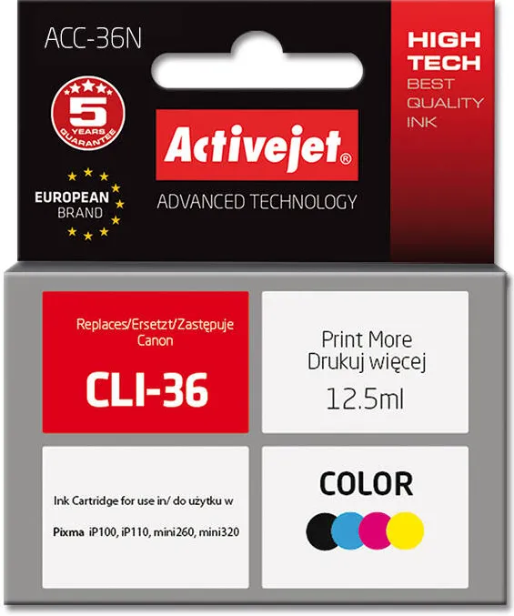 Cartus Imprimanta ACTIVEJET COMPATIBIL ACC-36N for Canon printer; Canon PGI-36 replacement; Supreme; 12.5 ml; color