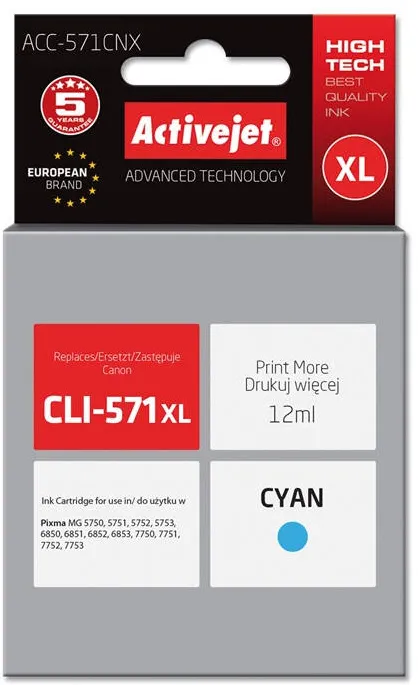 Cartus Imprimanta ACTIVEJET COMPATIBIL ACC-571CNX for Canon printer; Canon CLI-571C XL replacement; Supreme; 12 ml; cyan