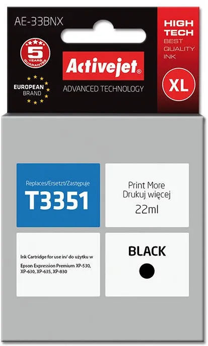 Cartus Imprimanta ACTIVEJET Compatibil AE-33BNX for Epson printer, Epson 33XL T3351 replacement; Supreme; 22 ml; black