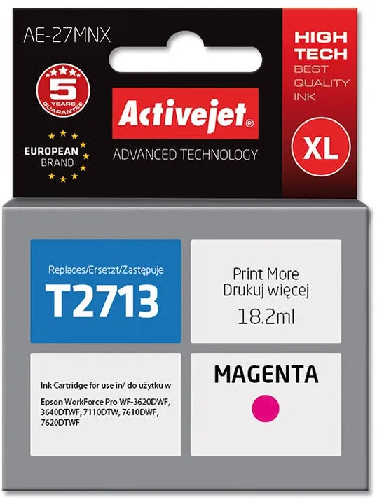 Cartus Imprimanta ACTIVEJET Compatibil AE-27MNX for Epson printer, Epson 27XL T2713 replacement; Supreme; 18 ml; magenta