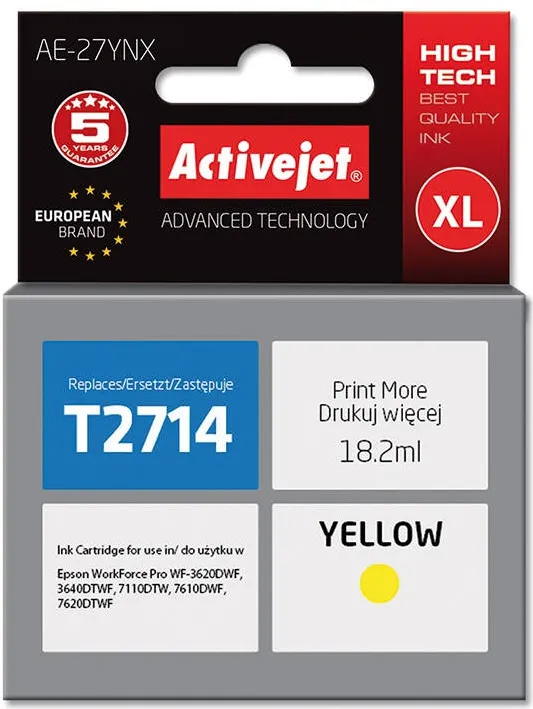 Cartus Imprimanta ACTIVEJET Compatibil AE-27YNX for Epson printer, Epson 27XL T2714 replacement; Supreme; 18 ml; yellow
