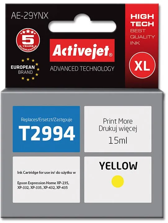 Cartus Imprimanta ACTIVEJET Compatibil AE-29YNX for Epson printer, Epson 29XL T2994 replacement; Supreme; 15 ml; yellow