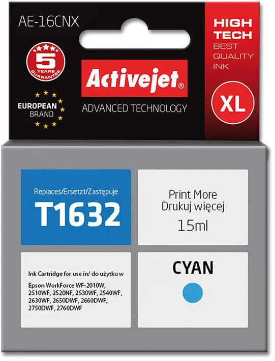 Cartus Imprimanta ACTIVEJET Compatibil AE-16CNX for Epson printer, Epson 16XL T1632 replacement; Supreme; 15 ml; cyan