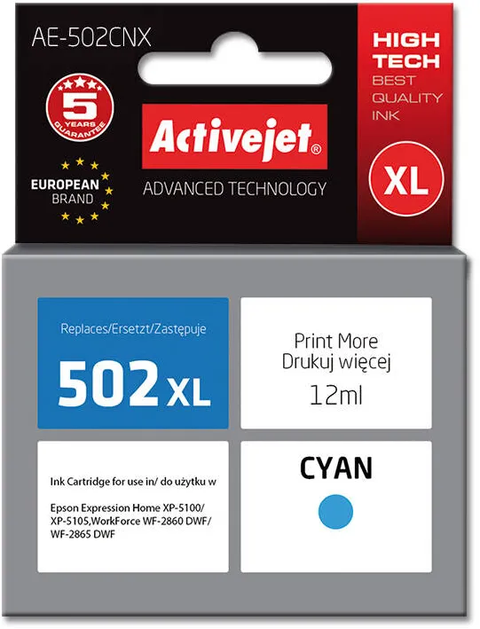 Cartus Imprimanta ACTIVEJET Compatibil AE-502CNX for Epson printer, Epson 502XL W24010 replacement; Supreme; 12 ml; cyan