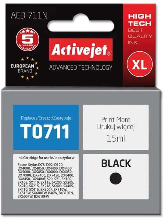 Cartus Imprimanta ACTIVEJET Compatibil AEB-711N for Epson printer, Epson T0711, T0891 replacement; Supreme; 15 ml; black