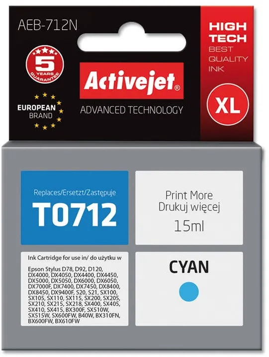 Cartus Imprimanta ACTIVEJET Compatibil AEB-712N for Epson printer, Epson T0712, T0892 replacement; Supreme; 15 ml; cyan