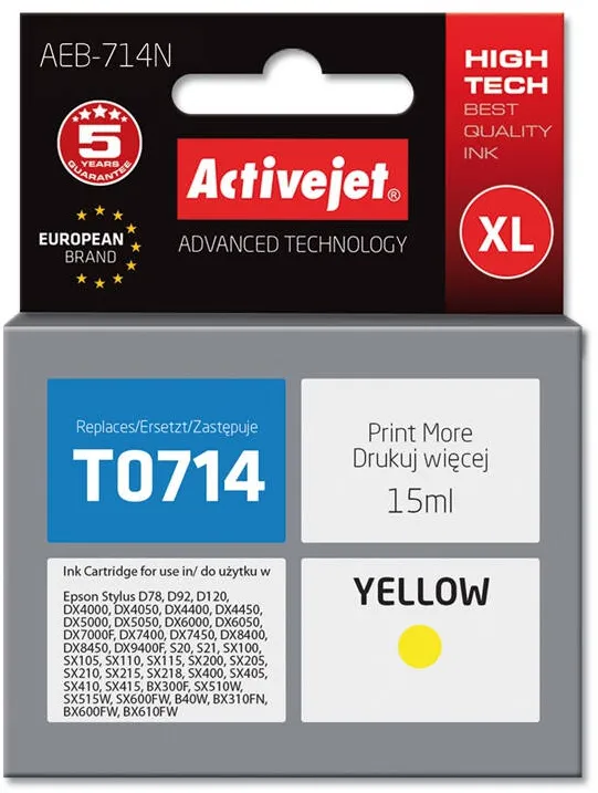 Cartus Imprimanta ACTIVEJET Compatibil AEB-714 for Epson printer, Epson T0714, T0894 replacement; Supreme; 15 ml; yellow