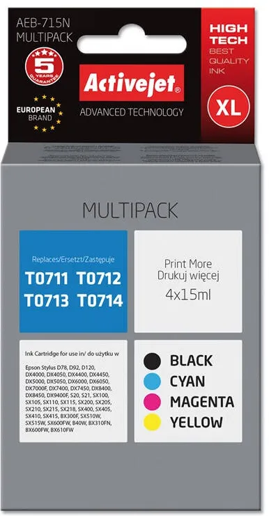 Cartus Imprimanta ACTIVEJET Compatibil AEB-715N for Epson printer, Epson T0715 replacement; Supreme; 4 x 15 ml; black, magenta, cyan, yellow