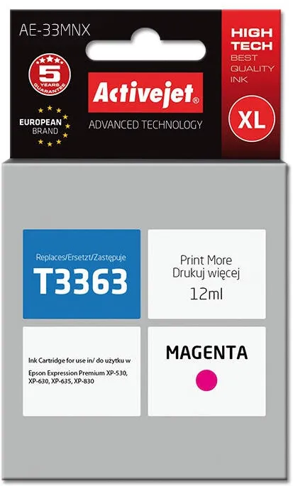 Cartus Imprimanta ACTIVEJET Compatibil AE-33MNX for Epson printer, Epson 33XL T3363 replacement; Supreme; 12 ml; magenta