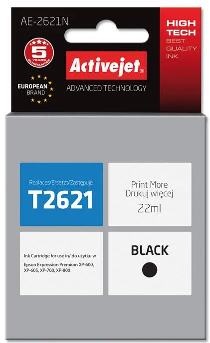 Cartus Imprimanta ACTIVEJET Compatibil AE-2621N for Epson printer, Epson 26 T2621 replacement; Supreme; 22 ml; black