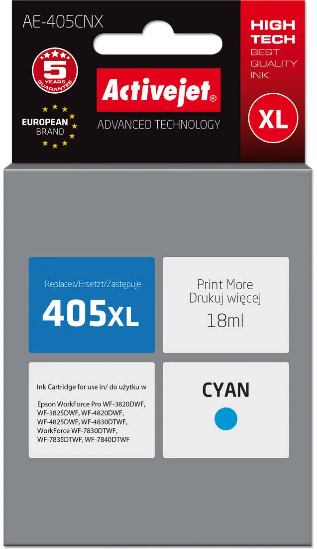 Cartus Imprimanta ACTIVEJET Compatibil AE-405CNX for Epson printer; Epson 405XL C13T05H24010 replacement; Supreme; 18ml; cyan
