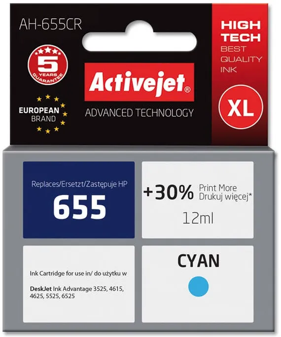 Cartus Imprimanta ACTIVEJET Compatibil AH-655CR for HP printer; HP 655 CZ110AE replacement; Premium; 12 ml; cyan