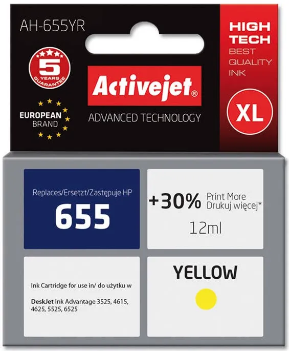 Cartus Imprimanta ACTIVEJET Compatibil AH-655YR for HP printer; HP 655 CZ112AE replacement; Premium; 12 ml; yellow