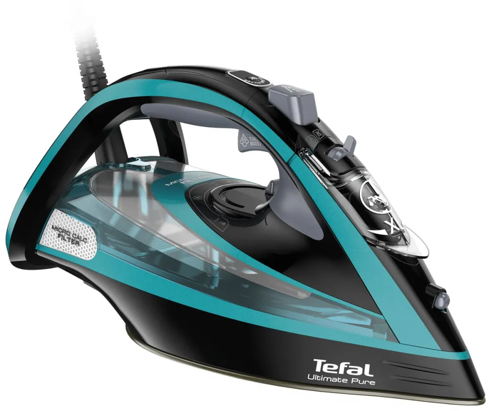 Fier de calcat TEFAL FV 9844 Ultimate Pure, 3200 W, Talpa Durilium AirGlide Autoclean, jet de aburi 250gr/min, Micro-Calc Filter 2in1, Negru/Bleu