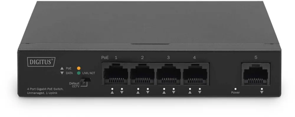 Switch Digitus 4+1 Port Ethernet Unmanaged PoE Switch 4 Port PoE, MDI/MDIX, IEEE802af,at