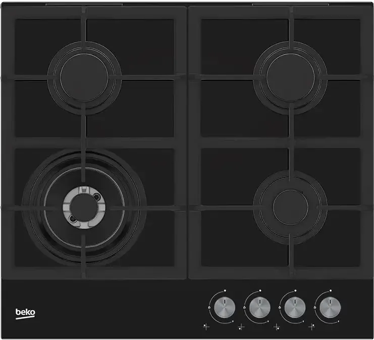 Plita BEKO incorporabila HILW64225S, Gaz, 4 Arzatoare, Arzator Wok, 60 cm, Sticla neagra