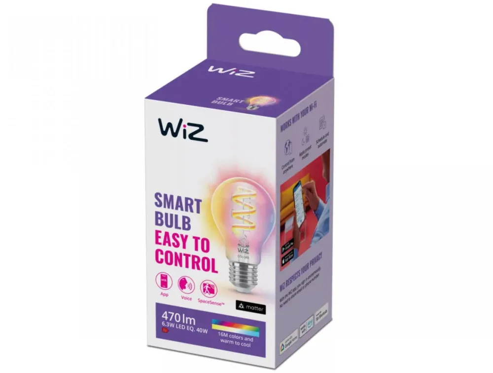 WIZ Bec LED RGB inteligent Connected Filament Clear A60, Wi-Fi, E27, 6.3W (40W), 470 lm, lumina alba si color (2200-6500K), compatibil Google Assistant/Alexa/Siri