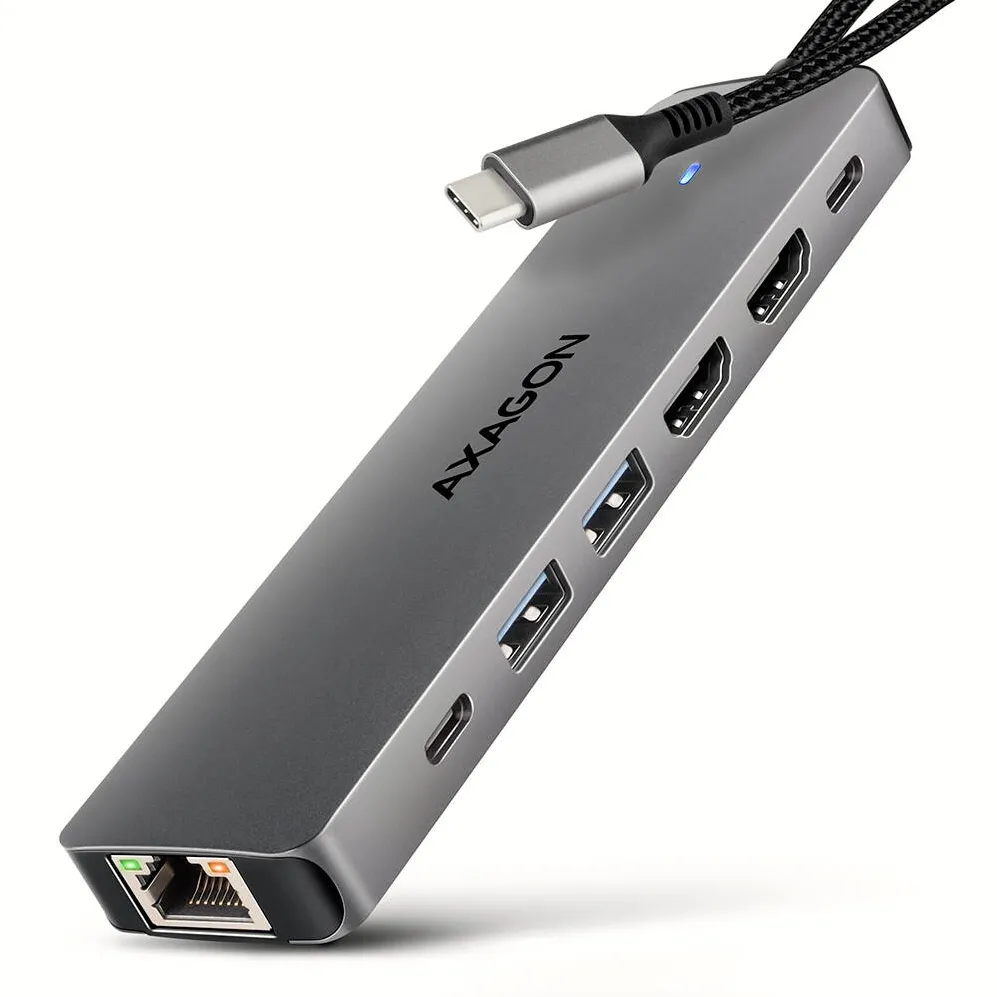 Docking Station AXAGON  HMC-7HX2 USB 5Gbps hub, 2x USB-A, USB-C, 2x HDMI 4k/60Hz, RJ-45