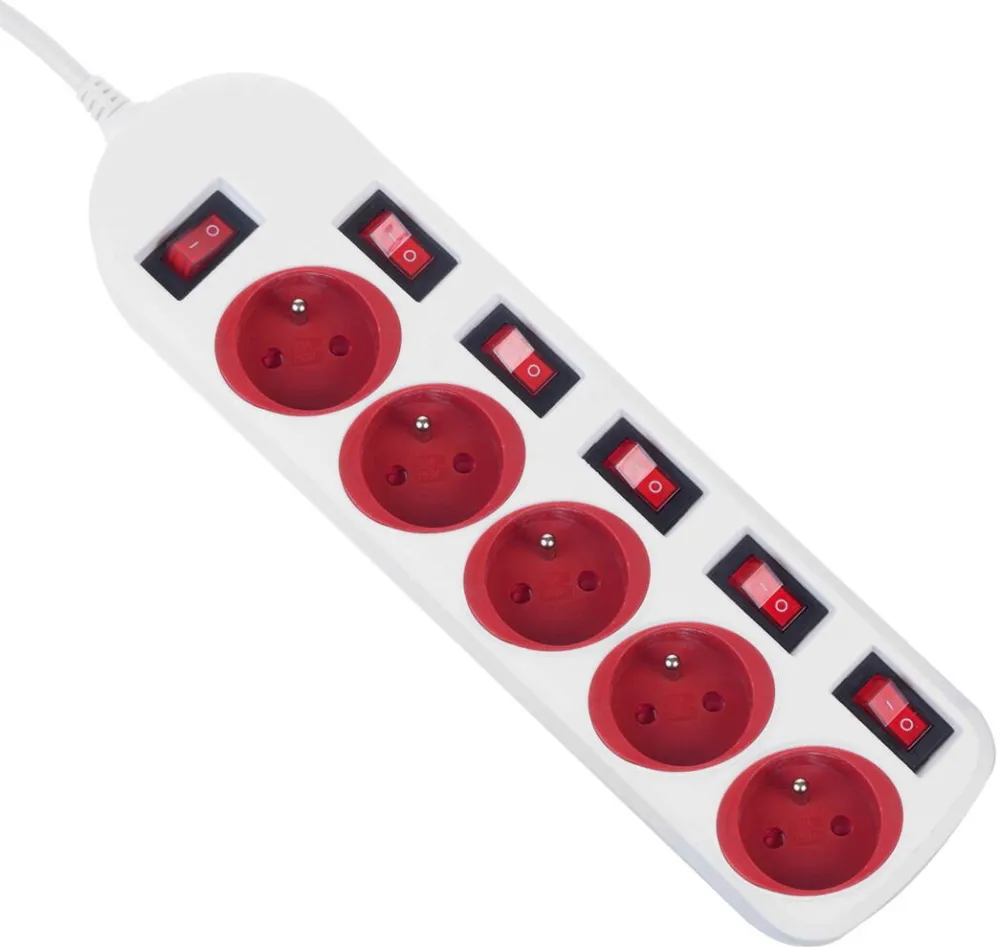 MACLEAN power strip, 5 socket extension cable, with switches, 250VAC/10A, 1.5m, MCE204 R/W