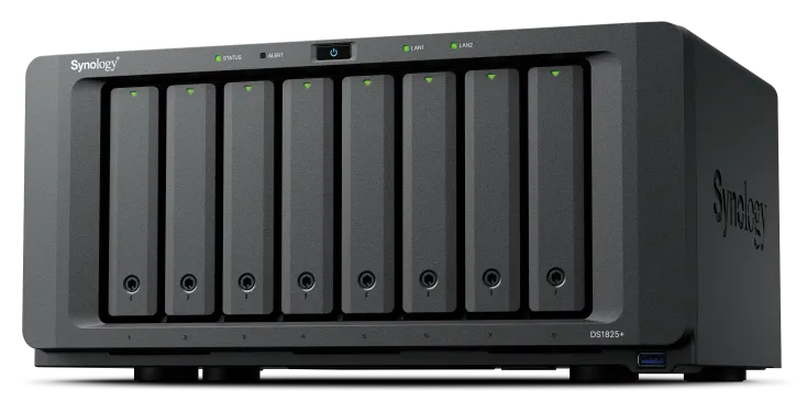 Network Attached Storage Synology DiskStation DS1825+, 8 Bay, AMD Ryzen V1500B 2.2GHz, 8GB DDR4 ECC, 2 x 2.5GbE LAN, USB 3.2, PCIe, Negru