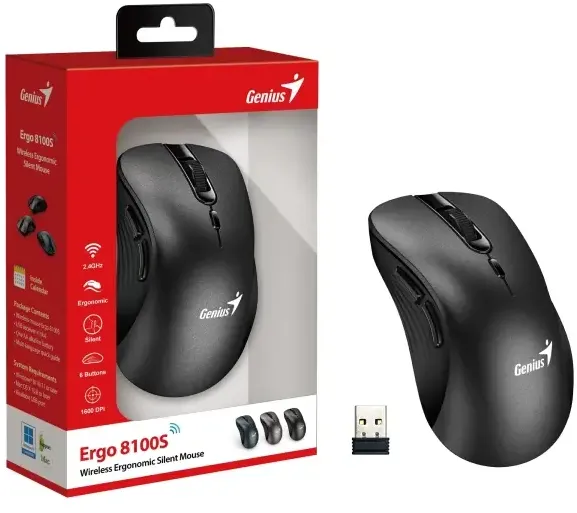 Mouse GENIUS MOUSE Genius,  Ergo "8100S", PC sau NB, wireless, 2.4GHz, optic, 1600 dpi, butoane/scroll 6/1, , negru, "31030040400" (timbru verde 0.18 lei)