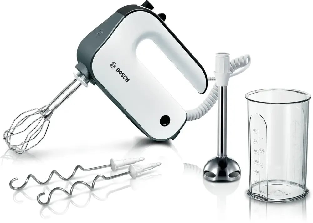 BOSCH Mixer de mana MFQ49700, 850 W, 5 trepte de putere + functie turbo, Vas gradat, picior blender cu cutit cu 4 lame din otel inoxidabil, Alb