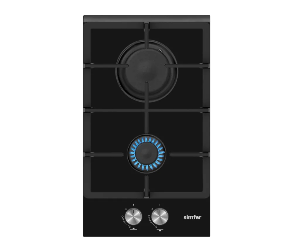 Plita Simfer H3.201.TGRSP Built in, 30 cm, 2 Gas, Front Control, Cast Iron Pan Support, Inox Capped Knobs, Black Glass