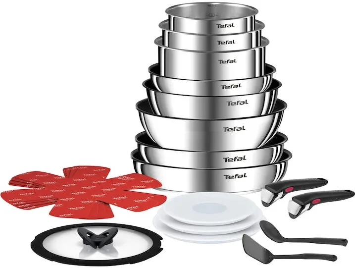 TEFAL Set 20 piese Ingenio Emotion, oale 16/18/20 cm, tigai 22/24/26/28 cm, wok 26 cm, 2 manere, 2 ustensile, 3 capace ermetice 16/18/20 cm, capac sticla 24 cm, 4 protectii, inductie, inox, argintiu