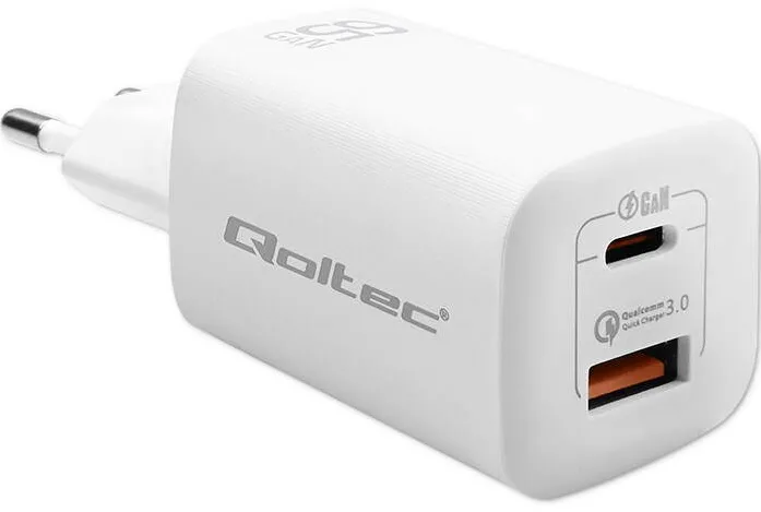 QOLTEC Incarcator de retea, 65W, GaN ULTRA, 5-20V, 2.25-3.25A, 1 x USB tip C PD, 1 x USB QC 3.0, Alb