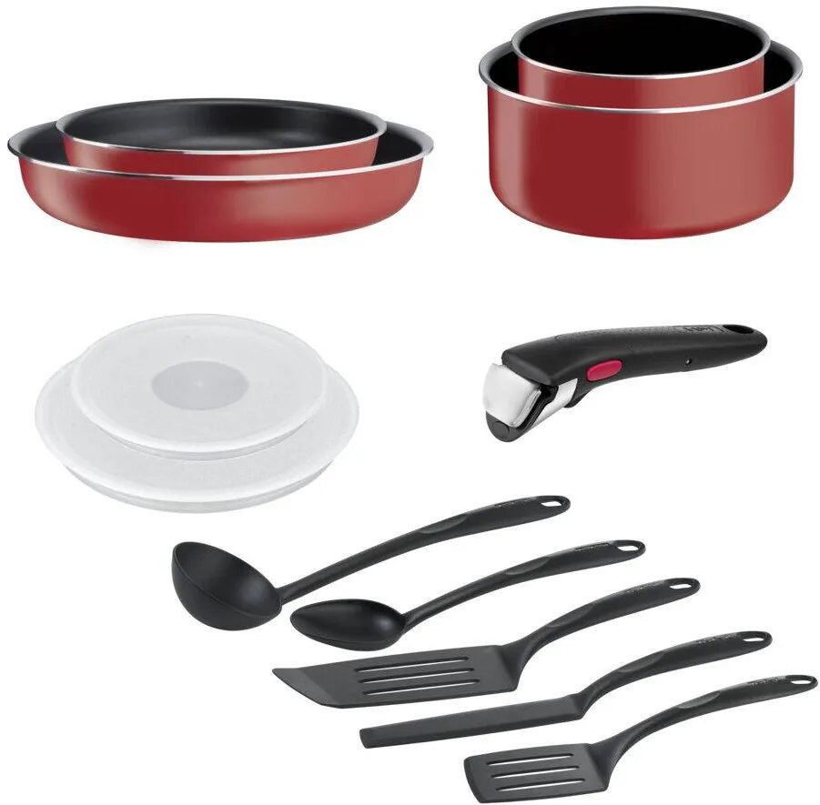TEFAL Set de 12 piese Ingenio Easy Cook & Clean, invelis antiaderent Titanium, indicator temperatura Thermo-Signal, maner detasabil, rosu