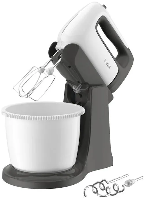 TEFAL Mixer cu bol Tefal Prep'Mix+ HT464138, 500W, bol 2.5L auto-rotativ, 5 trepte viteza si functie turbo, 2 teluri inox, 2 carlige inox, alb