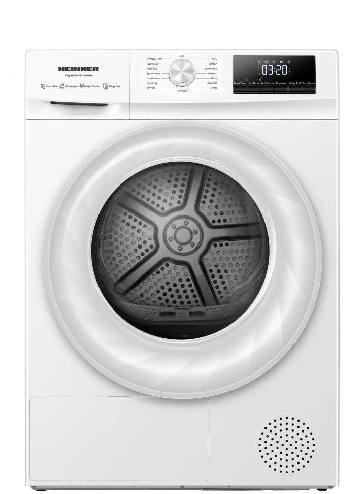 HEINNER Uscator de rufe HHPD-HMY70FD++, 7 kg, clasa D, 15 programe, Display Digital, Suport incaltaminte Alb
