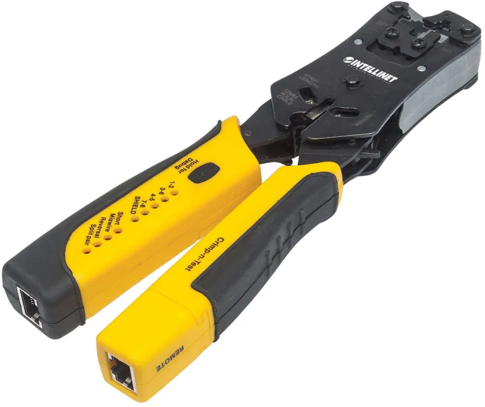 Unelte Intellinet Universal Modular Plug Crimping Tool and Cable Tester, 2-in-1 Crimper and Cable Tester: Cuts, Strips, Terminates and Tests, RJ45/RJ11/RJ12/RJ22