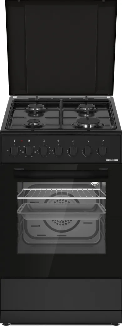 HEINNER Aragaz mixt HFSC-S60LITGC-BK, Gaz, 4 arzatoare, Aprindere electrica plita, Cuptor electric, Clasa A, 6 functii, Grill, Ventilatie, Lumina cuptor, Negru