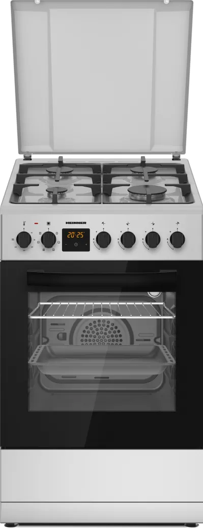 Aragaz mixt HFSC-S65MIXFD-SL, Gaz, 4 arzatoare, Aprindere electrica plita, Cuptor electric, Clasa A, 6 functii, Timer, Grill, Lumina cuptor, Sertar inferior vase, Argintiu