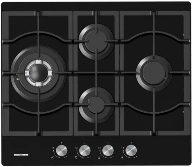 Plita HEINNER incorporabila HBH-M452IWFGBK, Gaz, 4 arzatoare, Aprindere electrica integrata, Sistem de siguranta, Wok, 60 cm, Negru