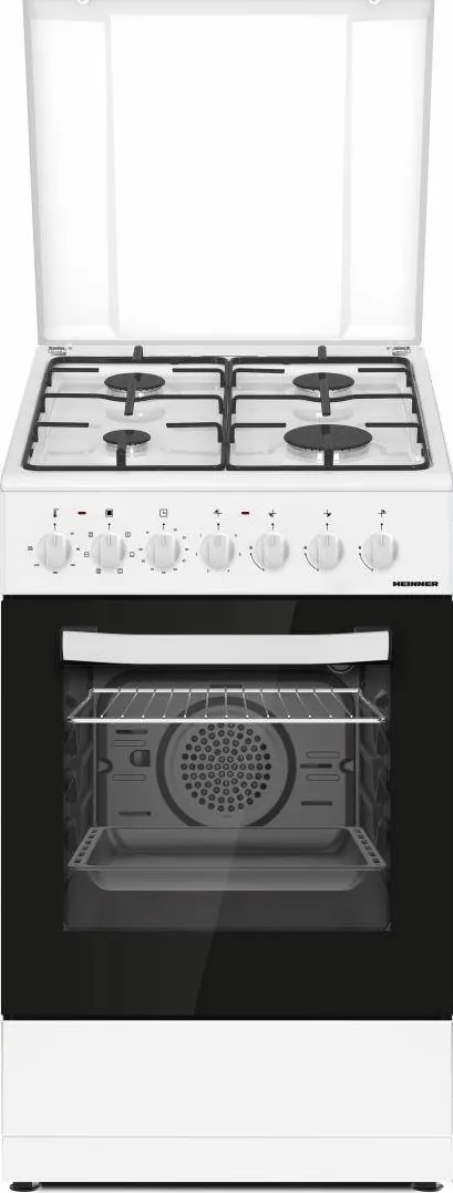 Aragaz mixt HFSC-S60LITGC-WH, 4 arzatoare, aprindere electrica plita, cuptor electric, clasa A, timer, grill, ventilatie, sertar inferior vase, 50x60cm, Alb