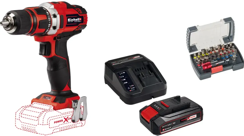 Einhell Set masina de gaurit si insurubat (bormasina) pe acumulator PXC TE-CD 18/40 Li-Solo, 18 V, 40 Nm, 1500 RPM, 2 viteze, 13 mm mandrina + Starter Kit PXC acumulator 18 V, 2.5 Ah, incarcator + set 32 biti KWB 50+70 mm