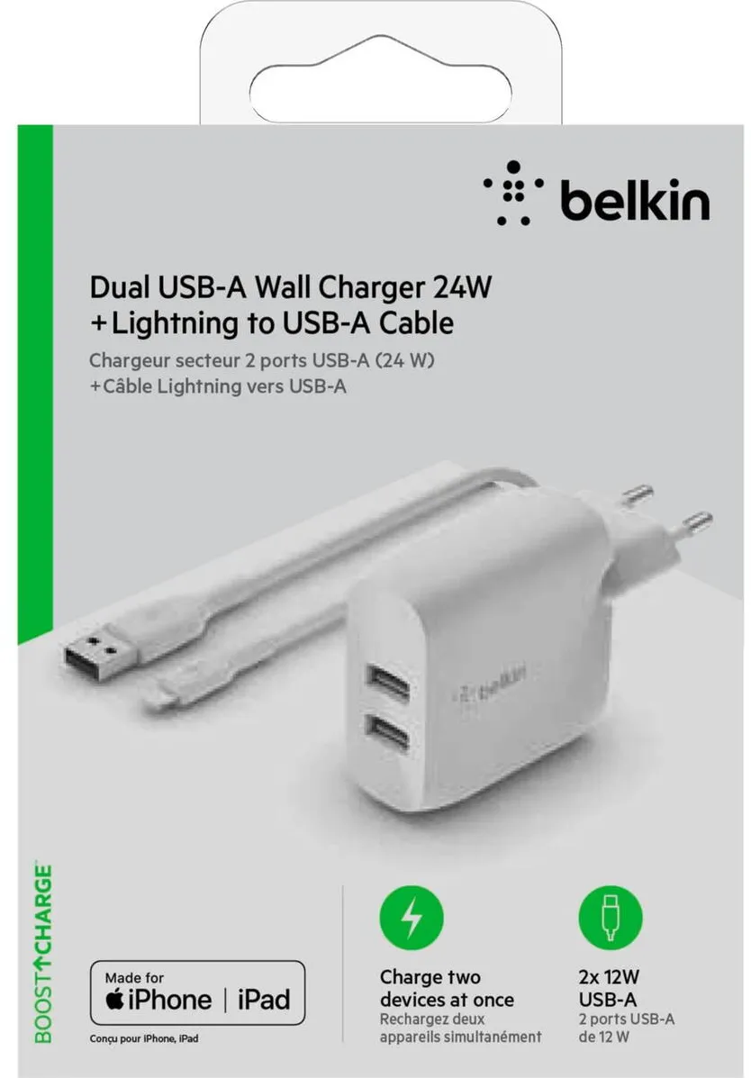 Incarcator BELKIN WCD001vf1MWH dual USB-A 24 W cu cablu Lightning 1 m alb