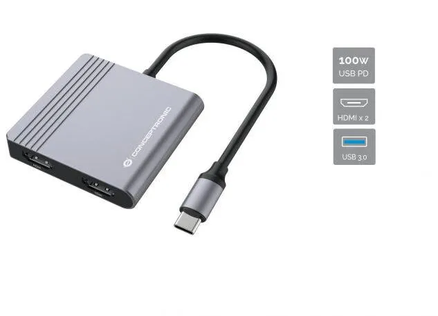 Docking Station CONCEPTRONIC USB-C -> 2xHDMI, USB-C PD,1xUSB3.0 0.25 gr