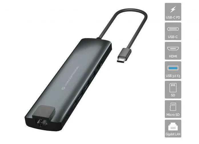 Docking Station CONCEPTRONIC USB-C -> HDMI,USB-C+3.0,SD,RJ45,PD0.15m gr
