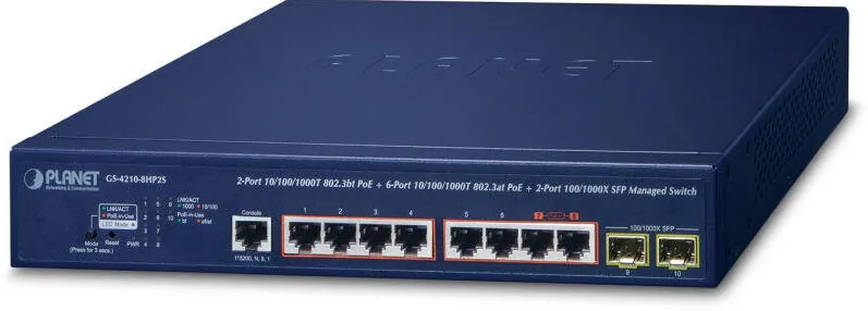 Switch Planet 2Port GE 802.3bt + 6Port GE 802.3at + 2Port 1000X SFP