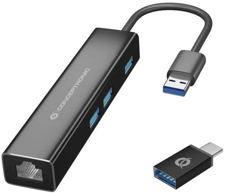 Adaptor CONCEPTRONIC USB3.0-> RJ45,3xUSB3.0,TypC Ad 0.15m Negru