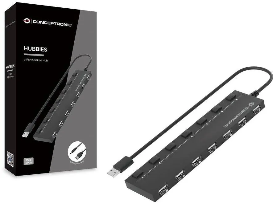 Hub USB CONCEPTRONIC 7-Port 2.0 ->7x2.0 extra o. Negru