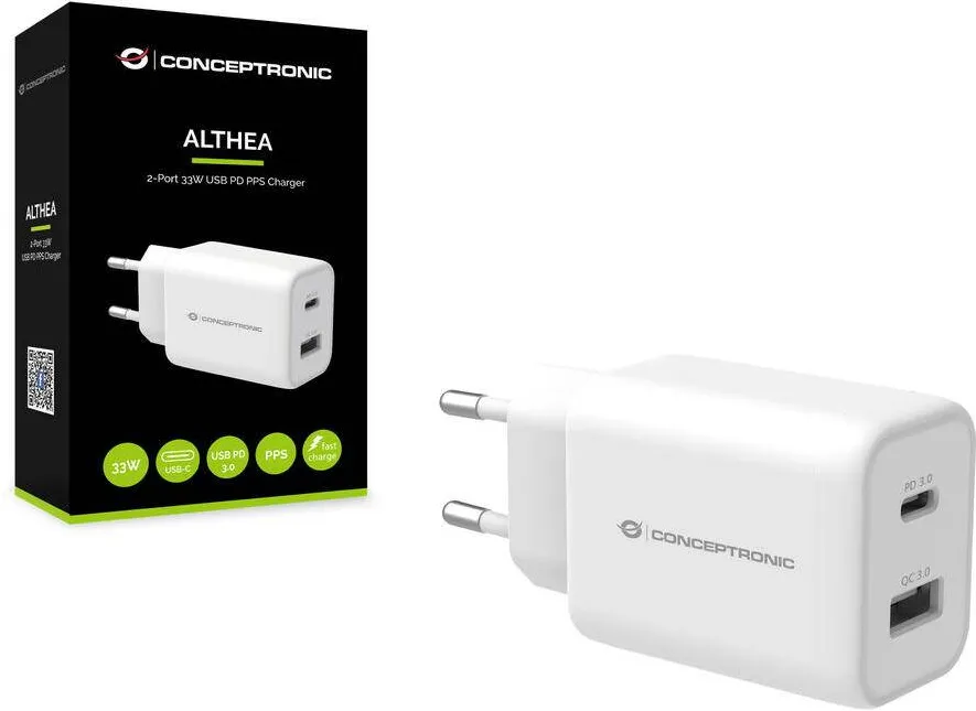 Incarcator CONCEPTRONIC 2Port 33W, USB-C/USB-A PD Alb