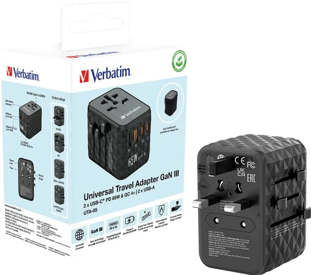 Adaptor VERBATIM Adaptor universal Verbatim UTA-05, Travel, 65WGaN3, 2 x USB-C PD & QC 4+ & 2 x USB-A ports