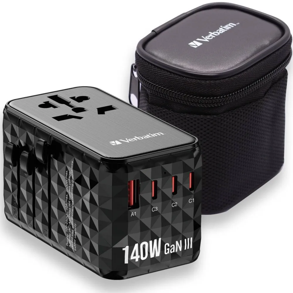 Adaptor VERBATIM Adaptor universal Verbatim GaN III, Travel, 140W2xUSBC,PD 3.1&QC 4+,1xUSBC, PD 3.0&1xUSBA, QC 3.0