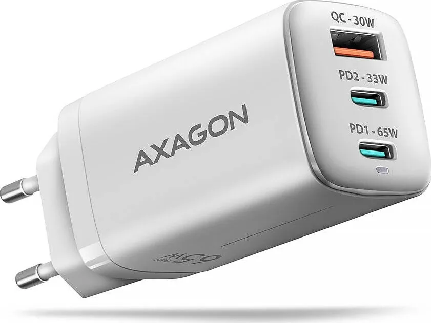 AXAGON AXAGON ACU-DPQ65W GaN Wall charger 65W, 3x port (USB-A + dual USB-C), PD3.0/PPS/QC4+/Apple