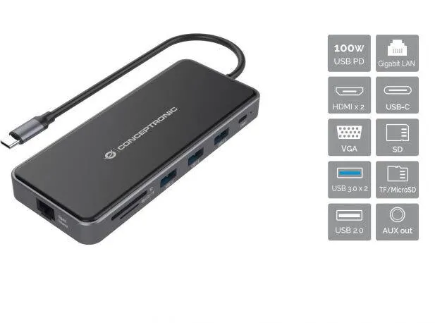 Docking Station CONCEPTRONIC USB-C -> 2xHDMI,GbE,PD,2xUSB3.0,SD0.25m gr
